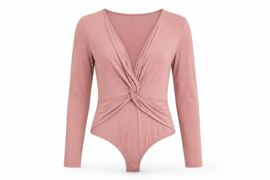 Front view of ASOS women’s pink polyester bodysuit one-piece, size UK 10, snap