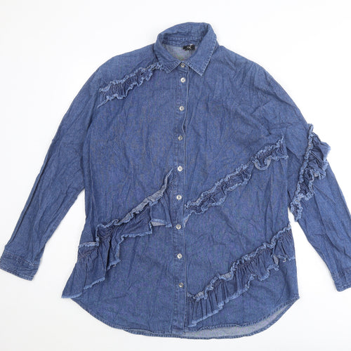 River Island Womens Blue Cotton Basic Button-Up Size 8 Collared