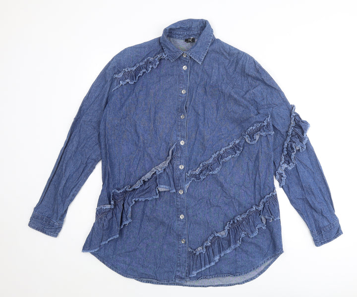 River Island Womens Blue Cotton Basic Button-Up Size 8 Collared
