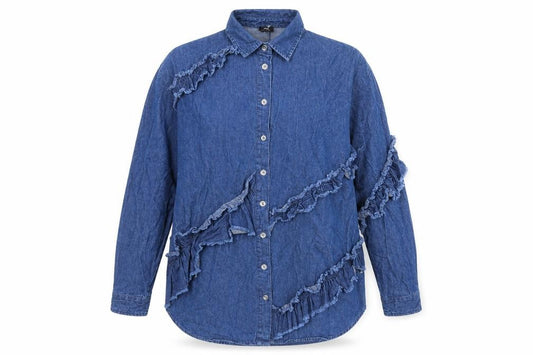 Front view of River Island women’s blue cotton basic button-up, size UK 8, collared