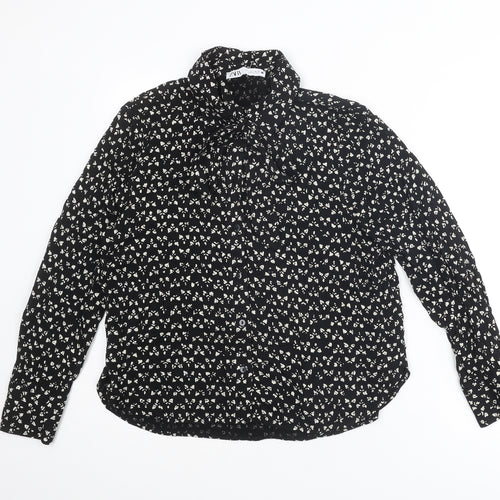 Zara Womens Black Geometric Viscose Basic Button-Up Size L Collared