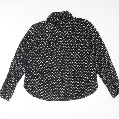 Zara Womens Black Geometric Viscose Basic Button-Up Size L Collared