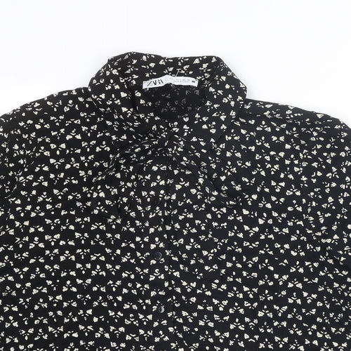 Zara Womens Black Geometric Viscose Basic Button-Up Size L Collared