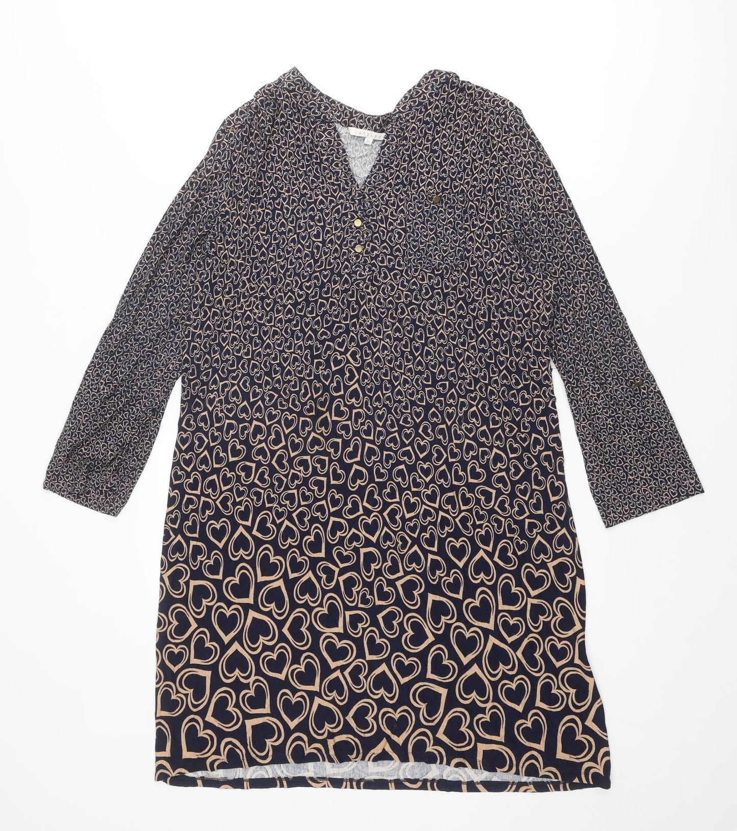Lakeland Womens Blue Geometric Viscose A-Line Size 18 V-Neck Button - Heart pattern