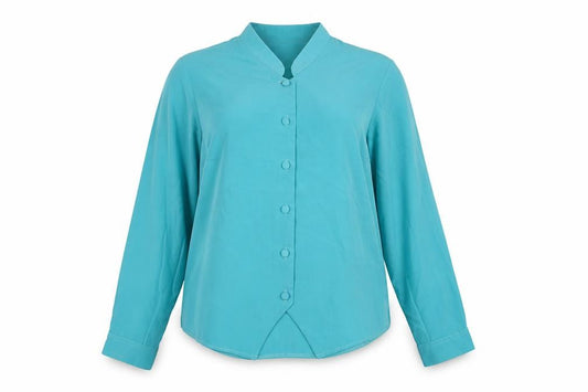 Front view of Rothmar of Scotland women’s blue polyester basic button-up, size UK 16, collared