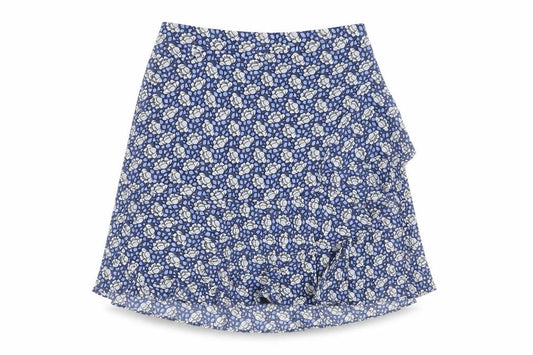 Front view of Marks & Spencer women’s blue geometric polyester swing skirt, size UK 6