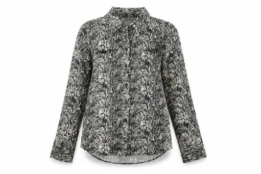 Front view of Zara women’s multicoloured animal print viscose basic button-up, size S, collared - snake skin print