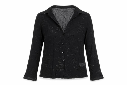 Front view of Dorothy Perkins women’s black nylon basic button-up, size UK 14, collared