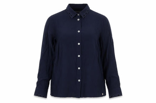 Front view of NÜMPH women’s blue viscose basic button-up, size UK 6, collared