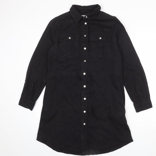 New Look Womens Black Cotton Shirt Dress Size 10 Collared Snap