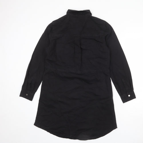 New Look Womens Black Cotton Shirt Dress Size 10 Collared Snap