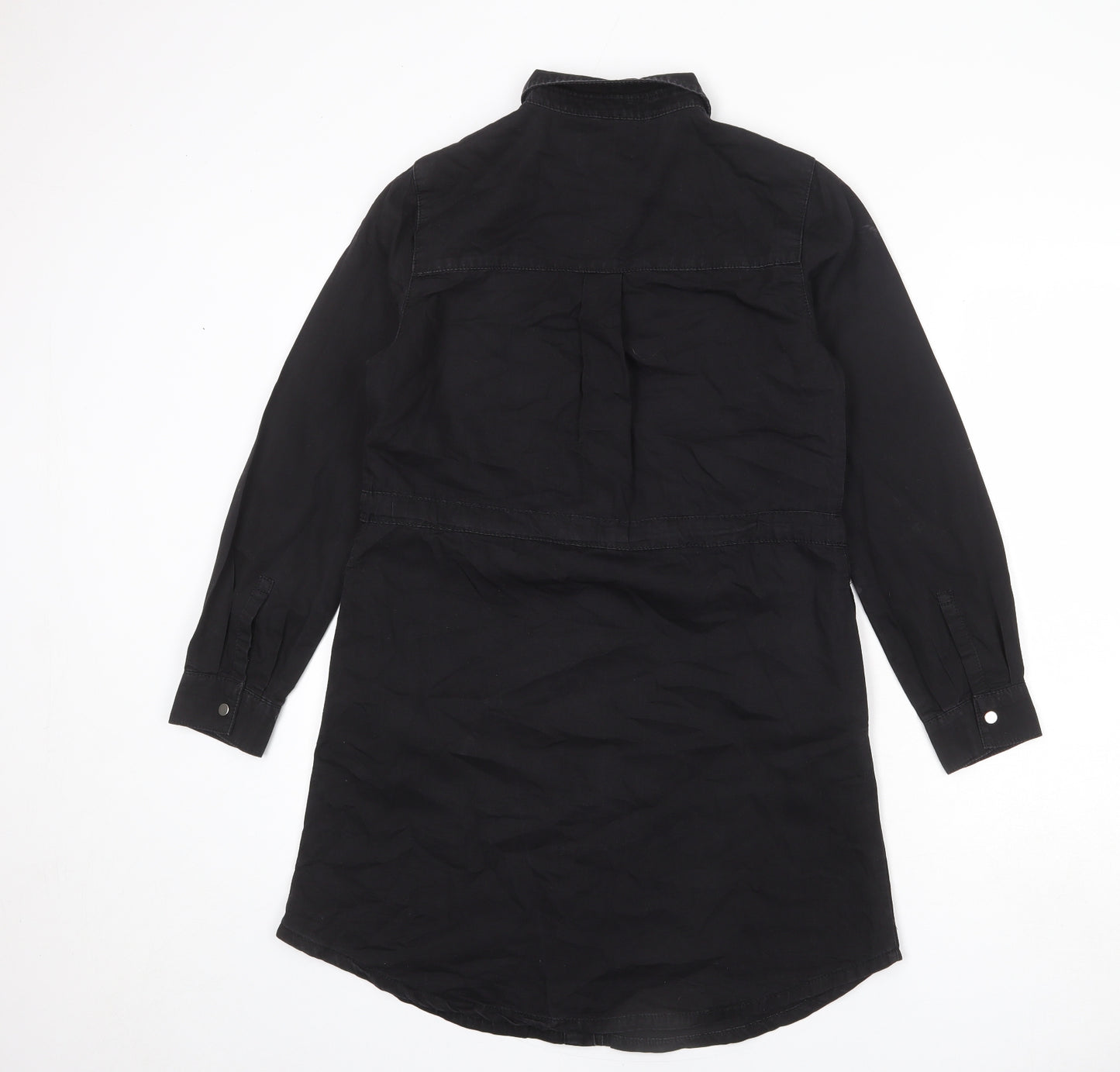 New Look Womens Black Cotton Shirt Dress Size 10 Collared Snap