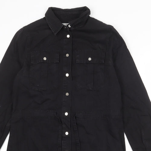 New Look Womens Black Cotton Shirt Dress Size 10 Collared Snap