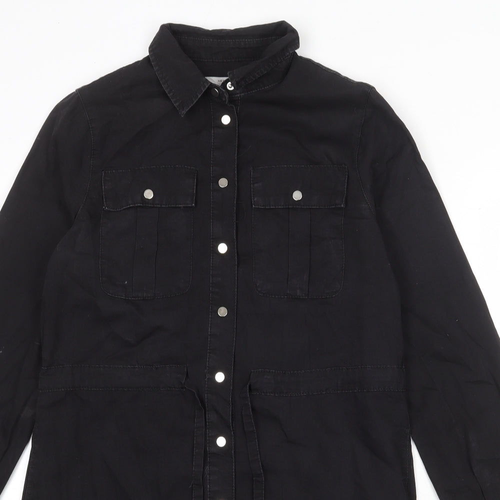 New Look Womens Black Cotton Shirt Dress Size 10 Collared Snap
