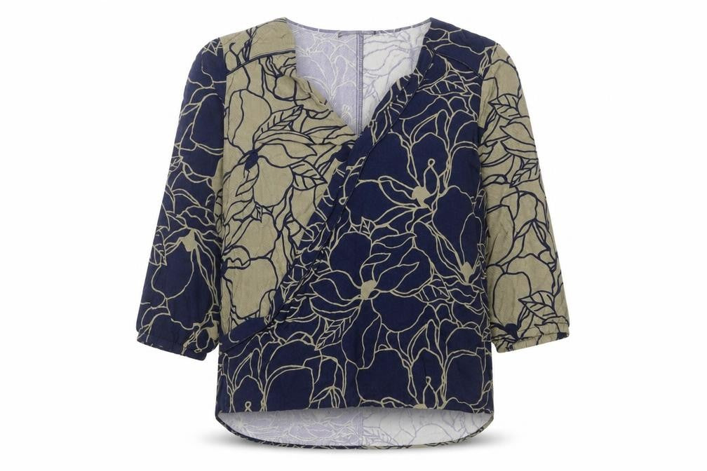 Front view of Trend women’s blue floral viscose basic blouse, size UK 12, v-neck