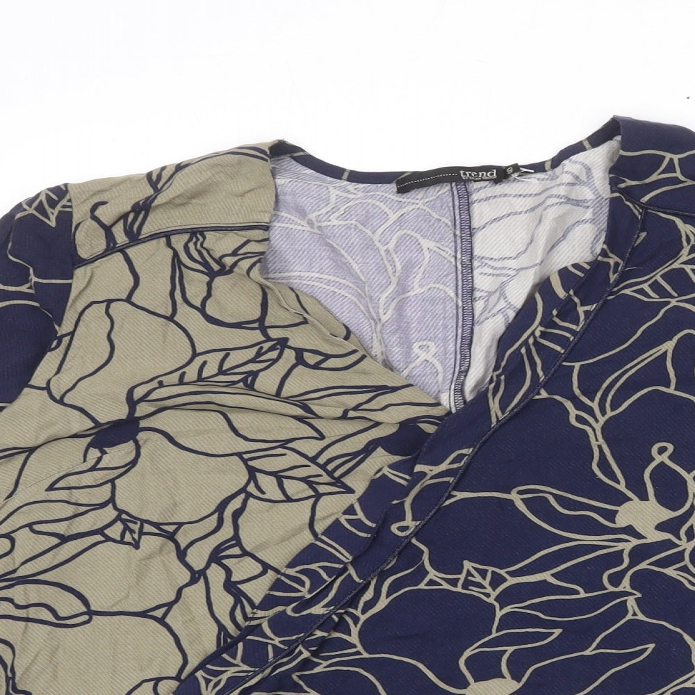 Trend Womens Blue Floral Viscose Basic Blouse Size 12 V-Neck