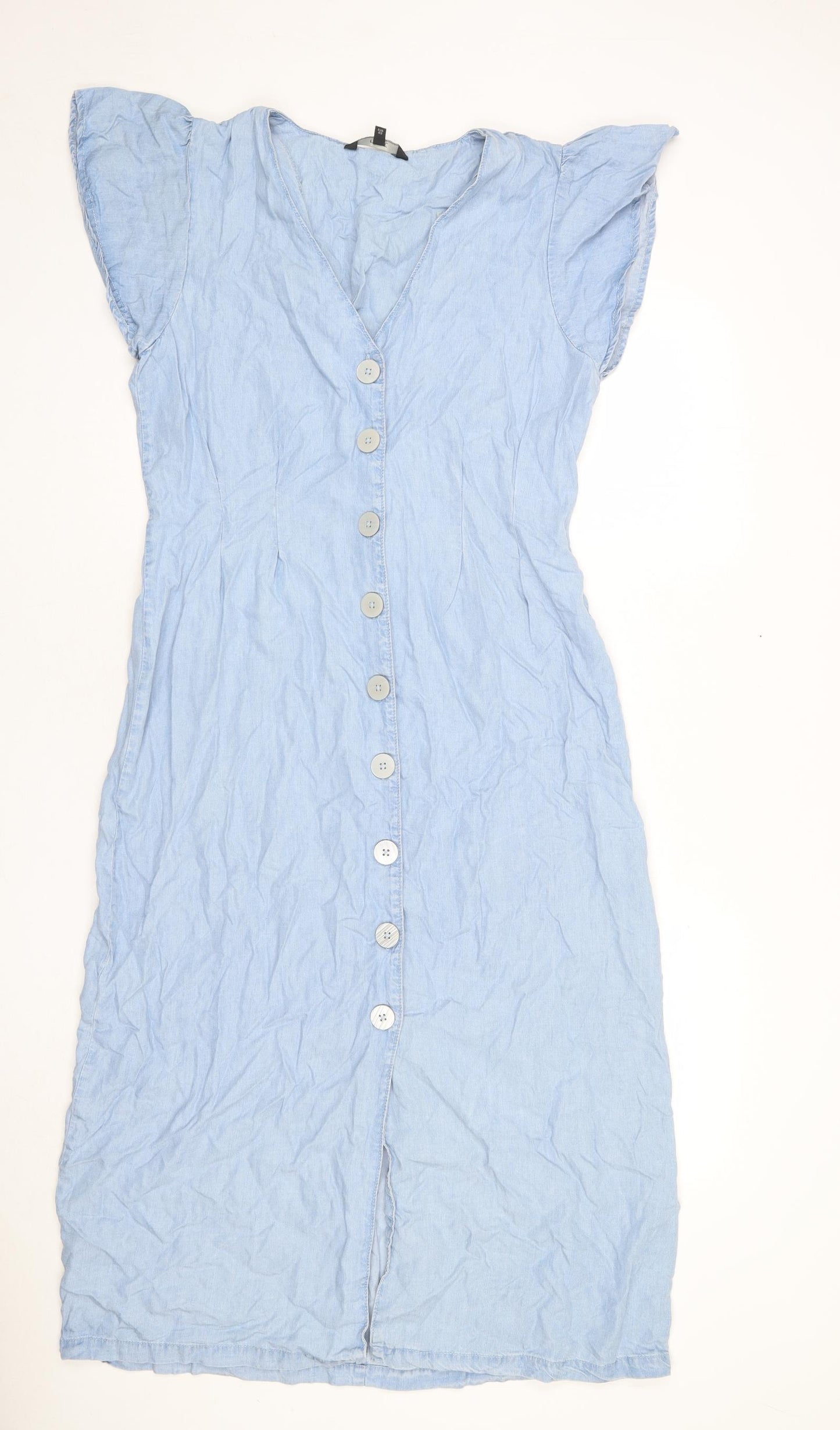 NEXT Womens Blue Lyocell A-Line Size 12 V-Neck Button