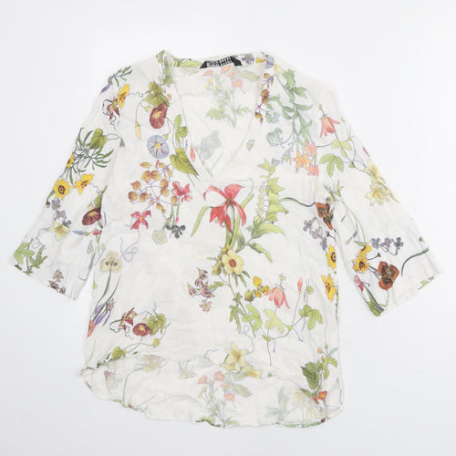 Zara Womens White Geometric Polyester Basic Blouse Size S V-Neck