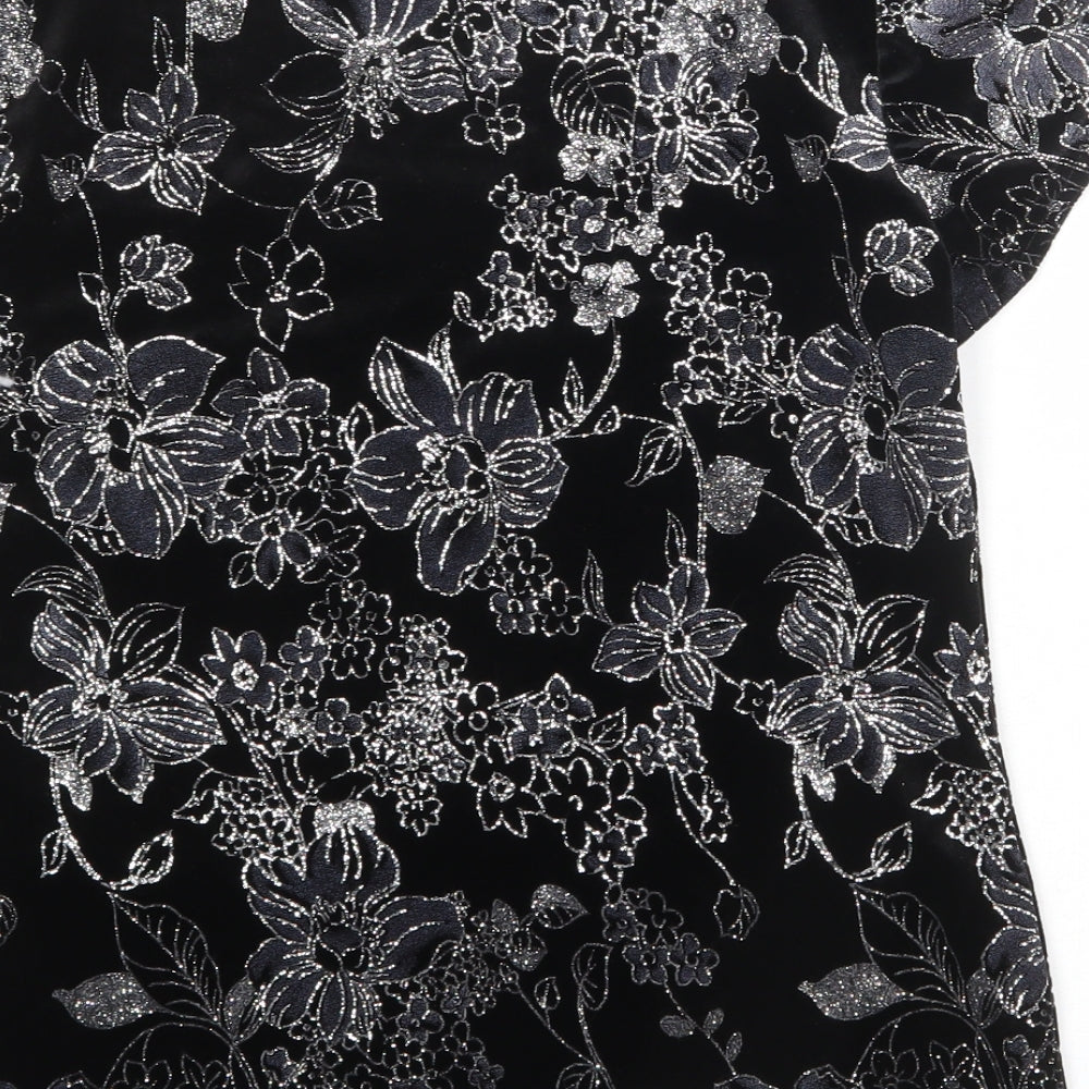 Roman Womens Black Floral Polyester Basic T-Shirt Size 12 Scoop Neck