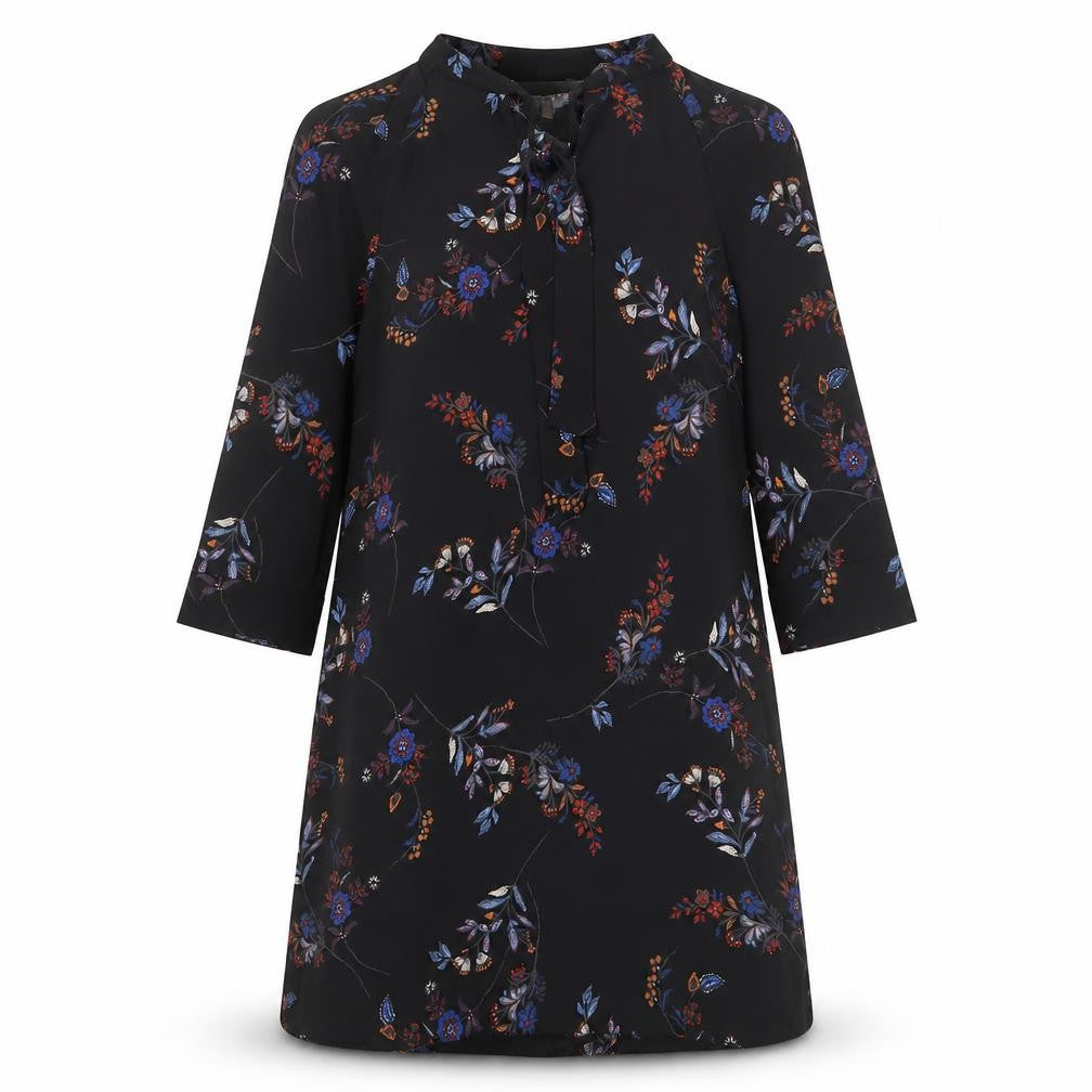 Front view of H&M women’s black geometric polyester a-line, size UK 10, round neck tie