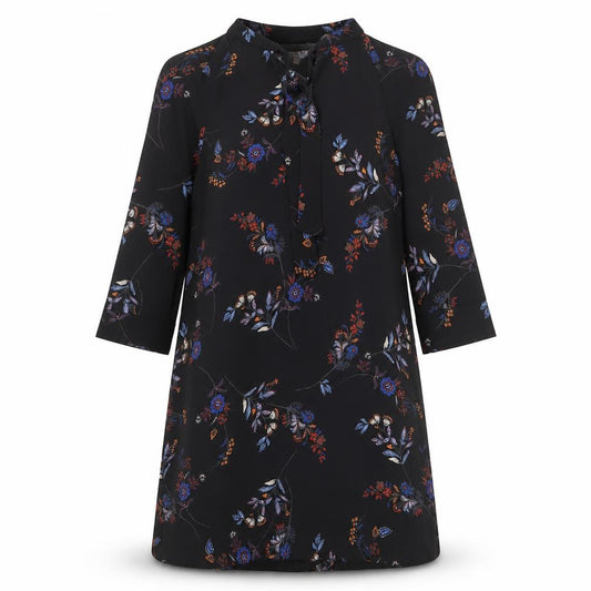 Front view of H&M women’s black geometric polyester a-line, size UK 10, round neck tie
