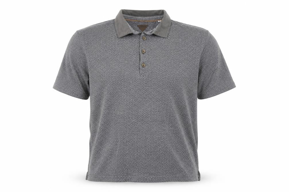 Front view of Silver Eight men’s grey geometric cotton polo, size M, collared button