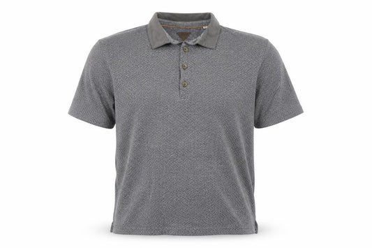 Front view of Silver Eight men’s grey geometric cotton polo, size M, collared button