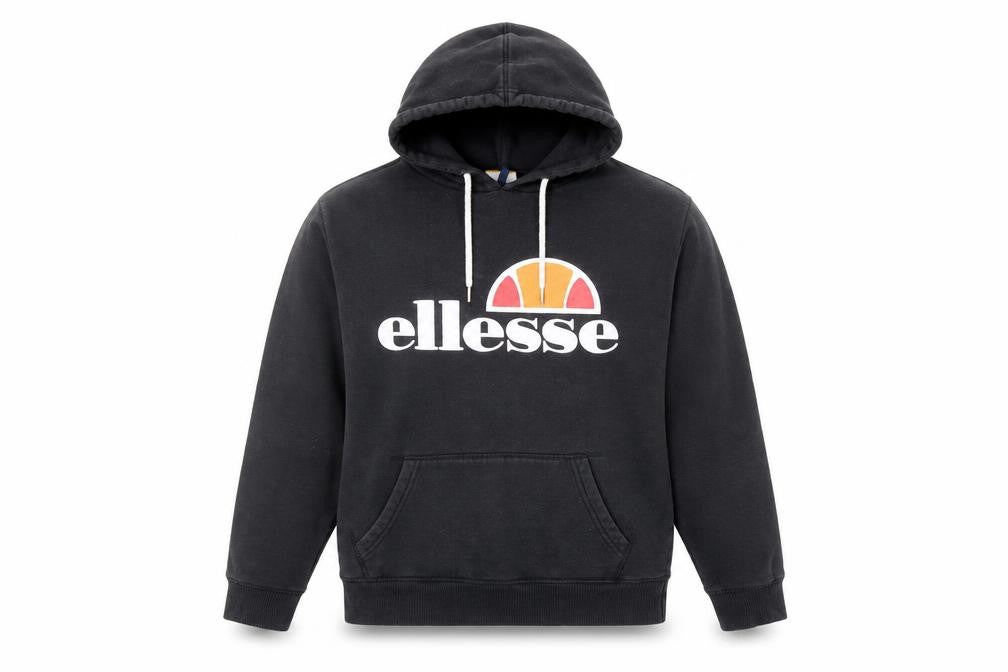Front view of Ellesse women’s black cotton pullover hoodie, size S, pullover - ellesse logo drawstring pocket