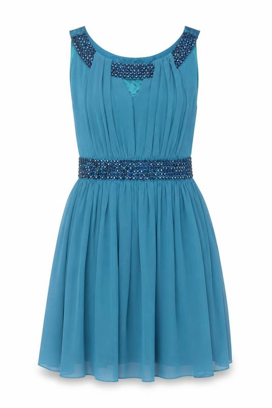 Front view of Lovestruck women’s blue polyester a-line, size S, round neck zip
