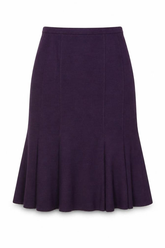 Front view of Lucinda women’s purple polyester swing skirt, size UK 12, zip