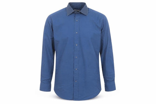 Front view of Next men’s blue cotton button-up, size 15.5 collared button