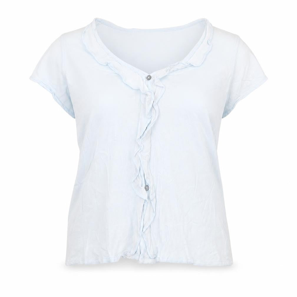 Front view of Marks & Spencer women’s blue paisley viscose basic button-up, size UK 16, v-neck