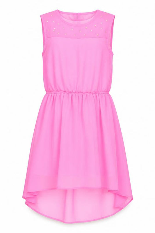 Front view of Star girls’ pink polyester a-line, size 9, years round neck button - elastic waist