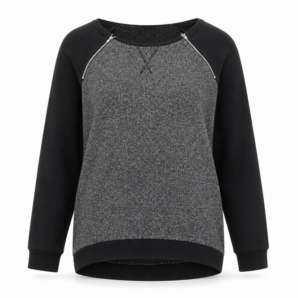 Front view of New Look women’s black colourblock polyester pullover sweatshirt, size UK 10, pullover - zip detail