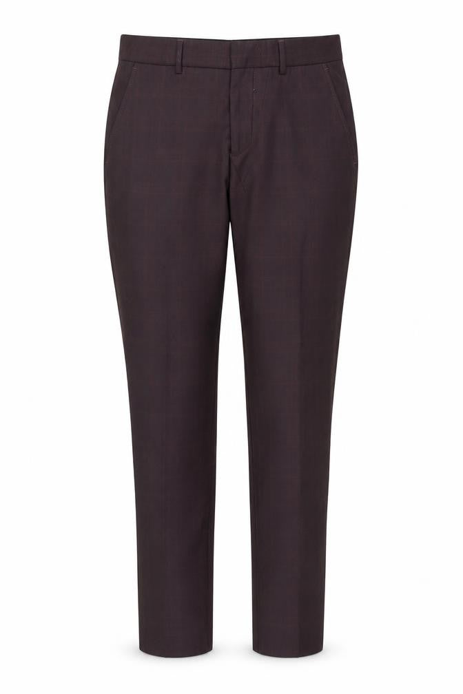 Front view of Selected women’s red check polyester dress pants trousers, size UK 10, 31-inch leg regular button