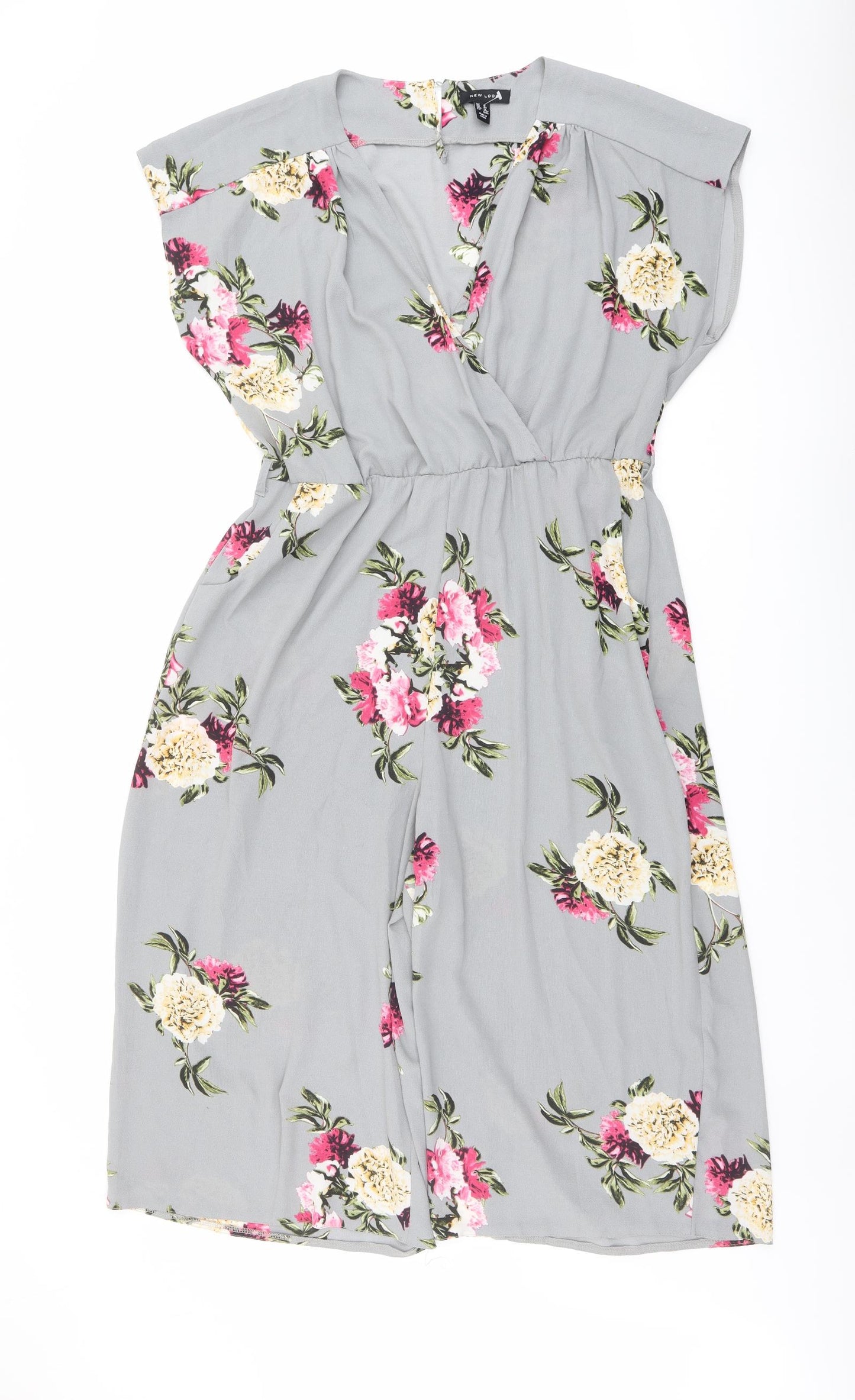 New Look Womens Grey Floral Polyester Jumpsuit One-Piece Size 16 Button