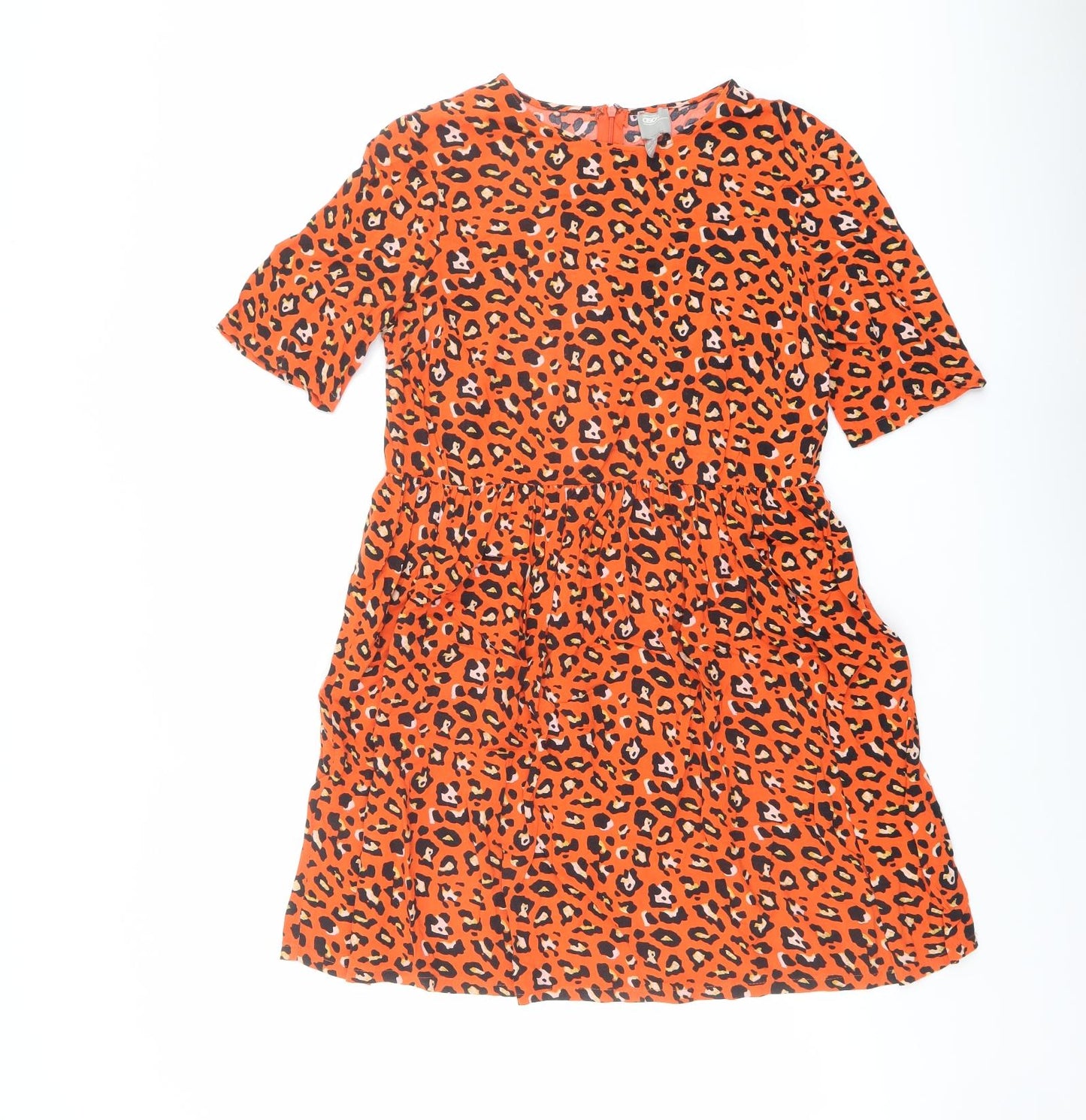 ASOS Womens Orange Animal Print Viscose A-Line Size 10 Round Neck Zip - Leopard pattern