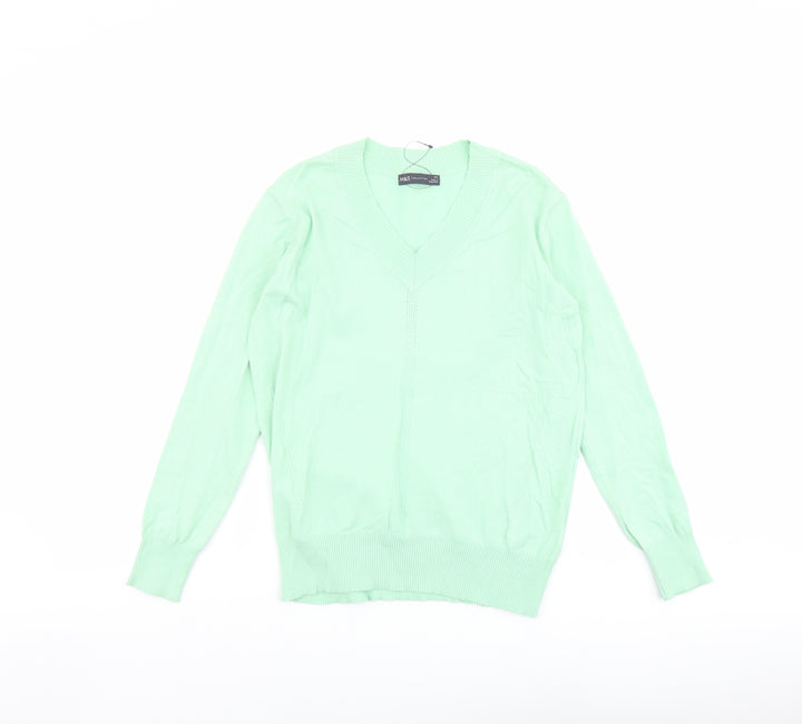 Marks and Spencer Womens Green V-Neck Cotton Pullover Jumper Size XS