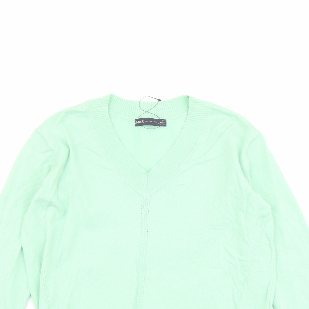 Marks and Spencer Womens Green V-Neck Cotton Pullover Jumper Size XS