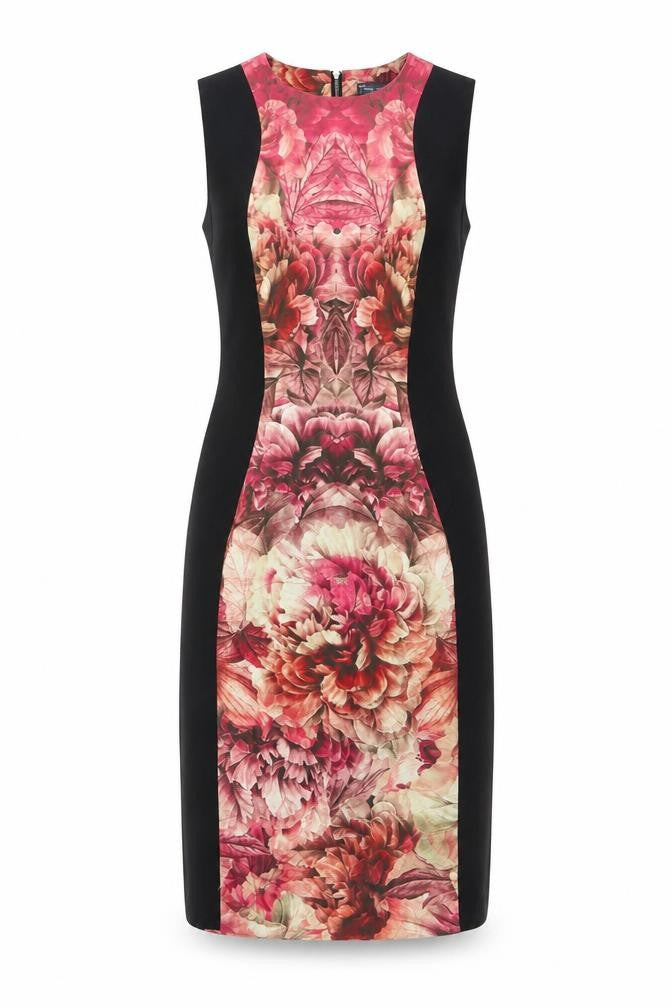 Front view of Pied A Terre women’s black geometric polyester shift, size UK 10, round neck zip