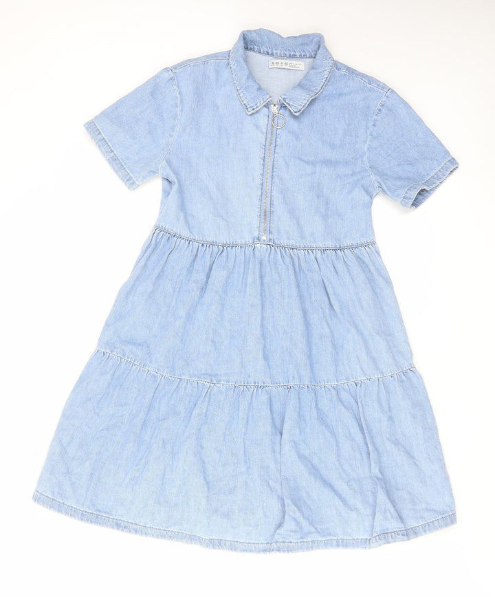 Denim & Co. Womens Blue Cotton A-Line Size 8 Collared Zip