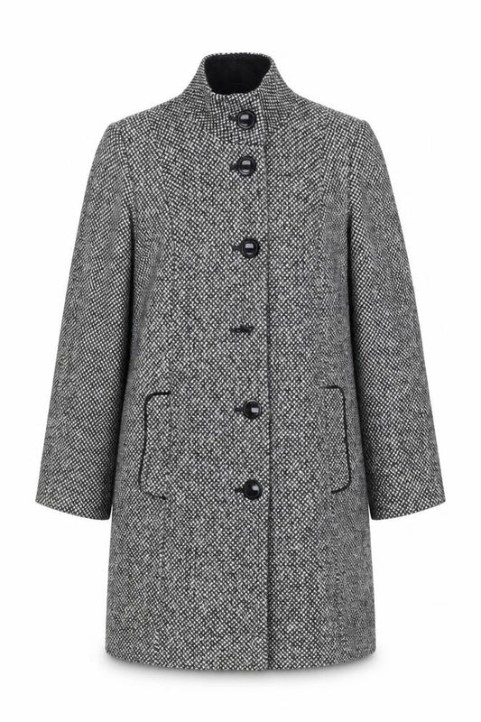 Front view of Classics women’s black geometric overcoat coat, size UK 12, button