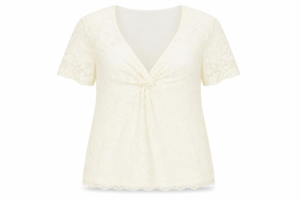 Front view of Kaleidoscope women’s ivory polyamide basic t-shirt, size UK 14, v-neck