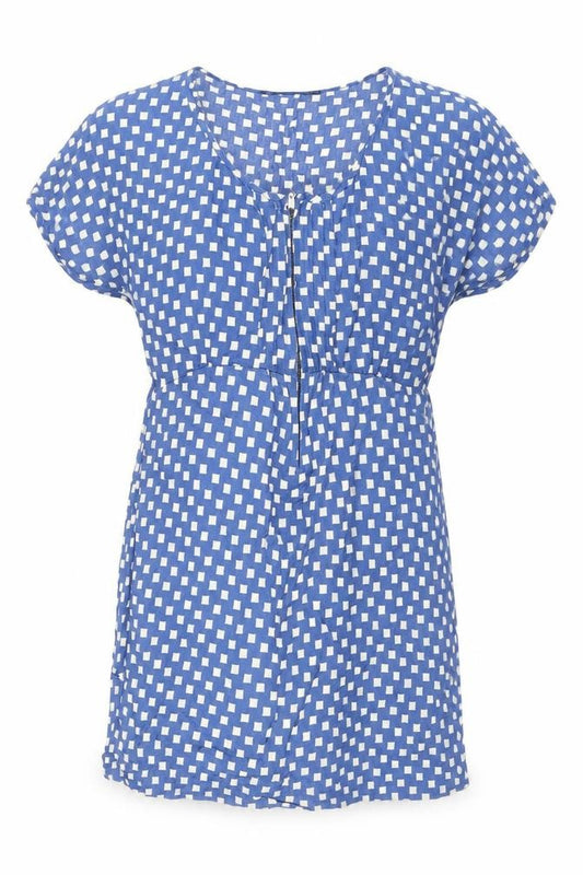 Front view of Zara women’s blue geometric polyester a-line, size S, round neck zip