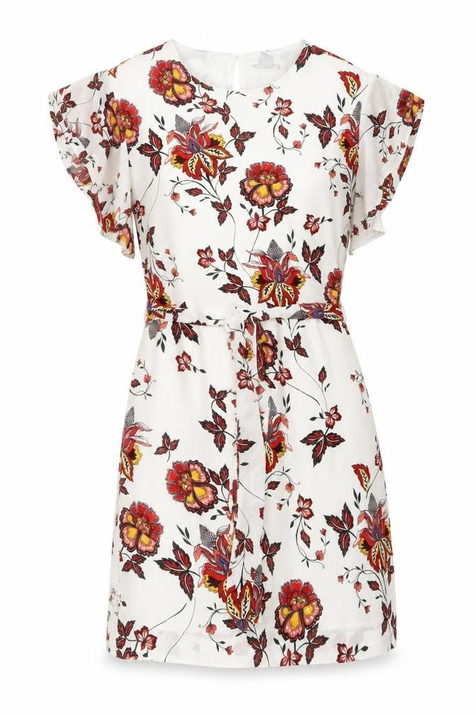 Front view of H&M women’s multicoloured floral polyester a-line, size UK 8, round neck button