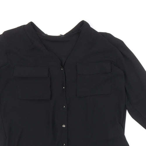 Zara Womens Black Polyester Basic Button-Up Size S V-Neck