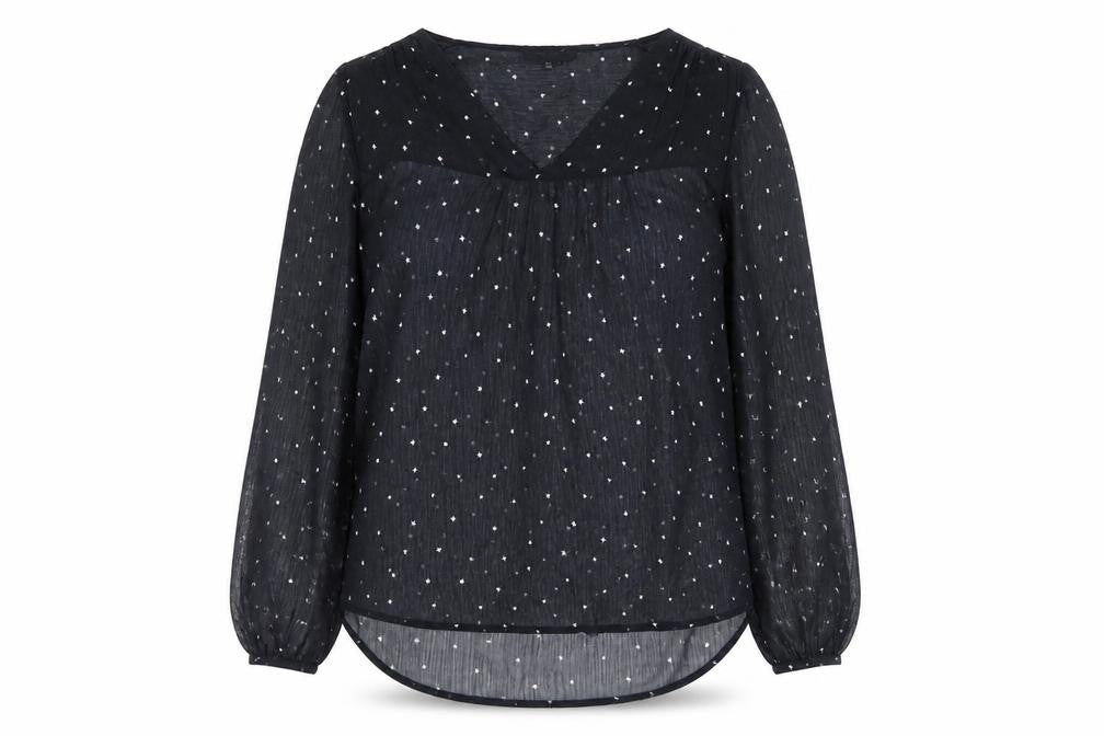 Front view of Maisons du Monde women’s black geometric polyester basic blouse, size UK 14, v-neck - star print
