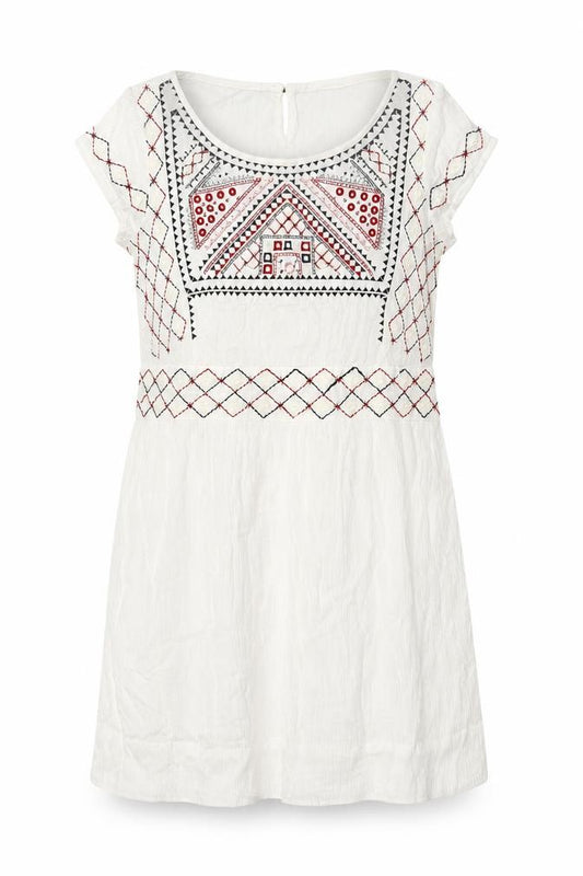 Front view of Mango women’s multicoloured geometric viscose a-line, size XS, round neck button
