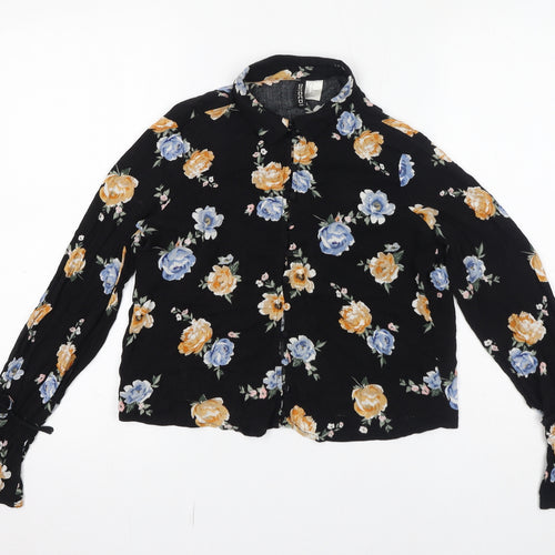 Divided by H&M Womens Black Floral Viscose Basic Button-Up Size 6 Collared