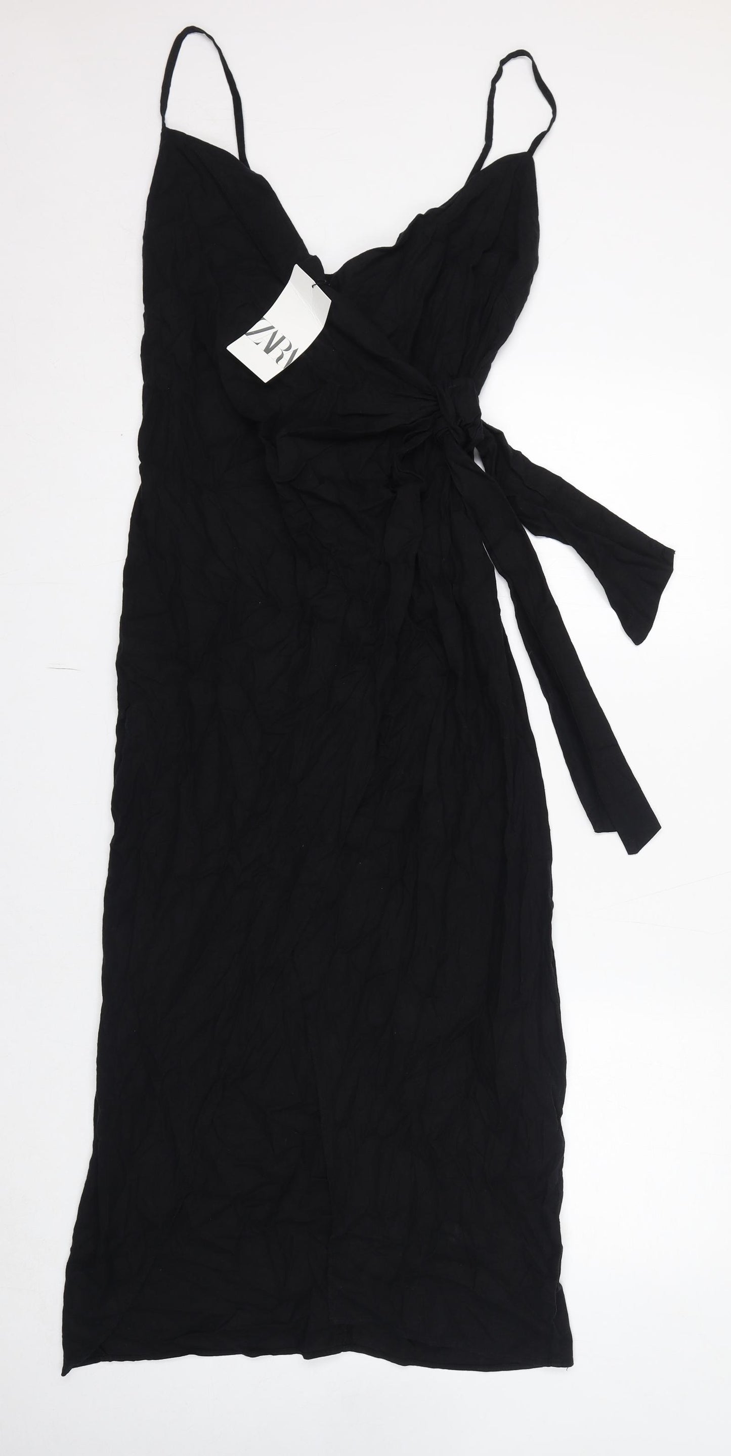Zara Womens Black Linen Slip Dress Size M V-Neck Zip
